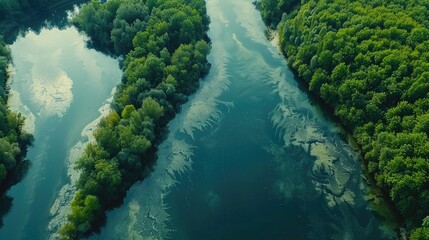 Poster - Scenic view of a river flowing through a vibrant forest. Suitable for nature and travel concepts