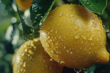 Poster - Close up of two lemons on a tree. Perfect for food and nature concepts