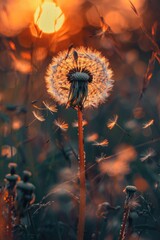 Close-up view of dandelion with sun shining in background. Ideal for nature and spring concepts