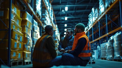 Aufkleber - A group of men sitting in a warehouse, suitable for industrial concepts
