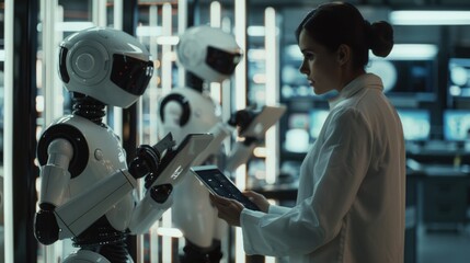 Poster - Woman in lab coat looking at tablet, suitable for scientific research concept