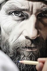 Poster - A close up image of a person holding a pencil. Suitable for educational or creative concepts