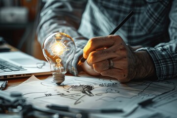 Aufkleber - A man is drawing a light bulb on a piece of paper. Suitable for creative and innovation concepts