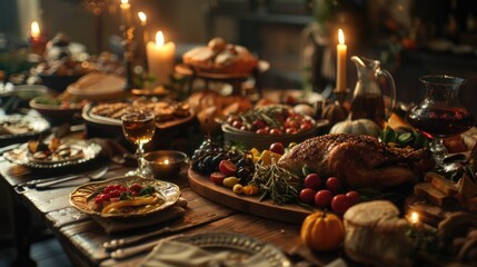 Poster - A table set with an abundance of food and candles, perfect for celebrations or gatherings