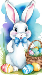 Wall Mural - Easter bunny with basket of painted eggs on a blue background. Watercolor illustration