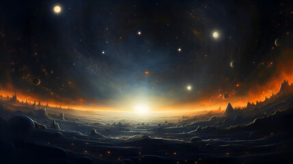 fantasy alien planet. mountain and nebula. 3d illustration
