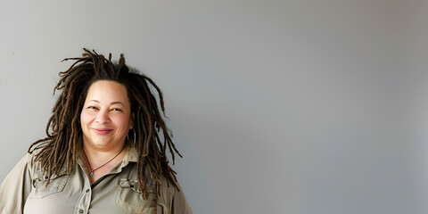 Wall Mural - Portrait of a smilling mature woman with dreadlocks looking at the camera on grey background
