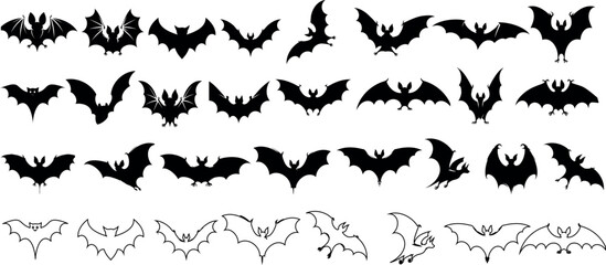 Wall Mural - diverse bat silhouettes in flight vector illustration. perfect for halloween decor, bats vector isol