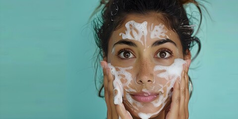 Wall Mural - Beautiful South Asian woman performing skincare routine by washing her face. Concept Skincare Routine, South Asian Woman, Face Washing, Beauty Care, Personal Care