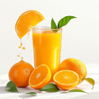 orange juice in a glass with ripe oranges on white background