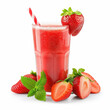 strawberry juice in a glass with ripe strawberrys on white background