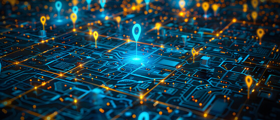 Poster - Drop point on electronic circuit board technology: computer chip hardware with blue design