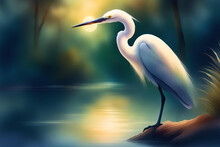 Image Of Beautiful Watercolor Painting Of An Egret. Bird, Wildlife Animals,
