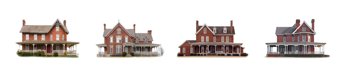 Old red brick house collection isolated on a white background. Antique vintage house set. Wooden two story house with porch. Victorian, Edwardian, historical. Abandoned mansion. Rural house.