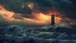 A lone lighthouse standing firm as towering waves crash around it during a storm, a beacon of stability and calm. 8k