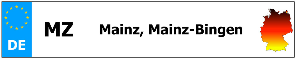 Mainz, Mainz-Bingen car licence plate sticker name and map of Germany. Vehicle registration plates frames German number