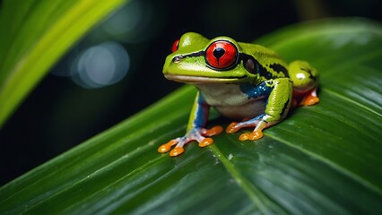 Colorful of red eye tree frog on the branches leaves of tree, close up scene, animal wildlife concept.