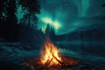 Wall Mural - A bonfire under the northern lights in a night forest, where the sky and the fire blend in a dance of lights. 8k