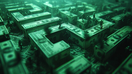 Wall Mural - A digital maze appears in the fifth infographic showing the mazelike structure of shell companies used in money laundering schemes. Animated figures representing criminals