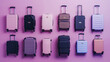 Flat lay of trendy suitcases pattern on purple background. Travel concept. Adventure Ad. Generative AI