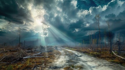 Wall Mural - a calm, clear sky visible through a break in storm clouds, with rays of sunlight