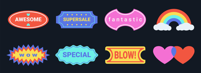 Aufkleber - Y2K sticker set, old fashioned labels and badges in retro graphic style, design elements and decorations. Vector illustration.