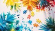 colorful puzzle details and leaves on a white background, For World Autism Awareness Day
