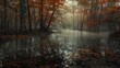 A dense canopy of autumn leaves barely lets light through to the dark, mist-filled swamp below, where the silence is broken only by the occasional drop of water