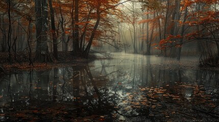 Wall Mural - A dense canopy of autumn leaves barely lets light through to the dark, mist-filled swamp below, where the silence is broken only by the occasional drop of water