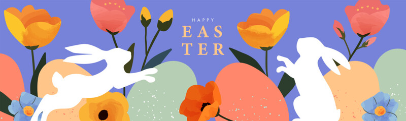 Wall Mural - happy easter banner. trendy and bright easter design with border frame made of eggs, easter bunny an