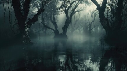 Wall Mural - An atmosphere of mystery and foreboding permeates a dark swamp shrouded in dense fog in the middle of autumn, as twisted, leafless trees cast unsettling shadows on the murky water. 