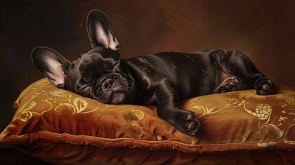 Poster - A humorous scene where a French bulldog puppy sleeps soundly on its back on a luxurious velvet pillow, paws in the air, and a peaceful expression on its face.