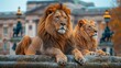Photograph of two lions perched powerfully on a stone fence, overlooking a classical building in the background Concept: wildlife, leadership, family values, and as a decorative element or visual acce