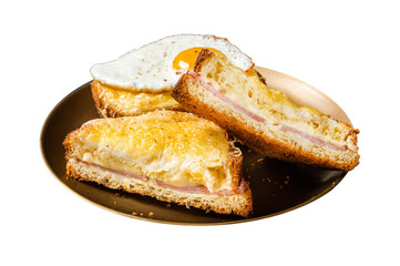 Wall Mural - French toasts Croque monsieur and croque madame, grilled sandwiches on brioch bread with sliced ham, melted emmental cheese and egg.  Isolated, Transparent background.