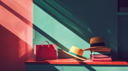 Wall Mural - Stylish Accessories Basking in Sunlight: Elegant Red Handbag Paired with Chic Hats, Cast in Vibrant Hues of a Modern Fashionable Interior.
