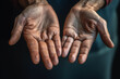 Male hands as if holding something. Closeup of male palms with open fingers, begging, pleading and asking for help. Human support concept