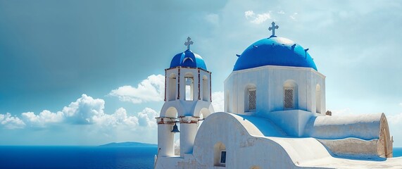 Wall Mural - Traditional church in blue and white in a Greek island, Greece. Empty space