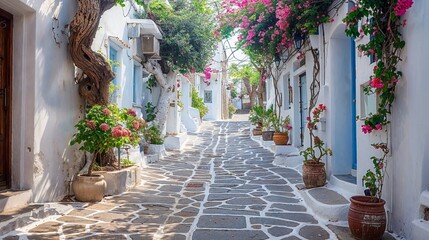 Wall Mural - Greece, Cycladic architecture in a Greek island village. Paved alley, pink bougainvillea	