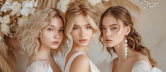 Three stunning brides with ultra blond hair coloring and stylish curled hairstyles stand next to each other, showcasing their elegant white wedding dresses.