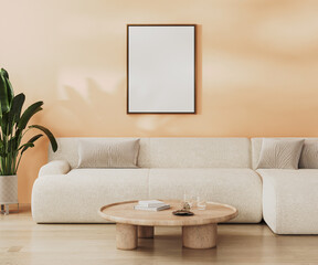 Wall Mural - blank frame mock up in modern living room interior in peach fuzz color, 3d rendering