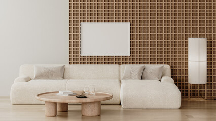 Wall Mural - Horizontal frame mock up in modern living room interior with wooden wall panel and white sofa, 3d render