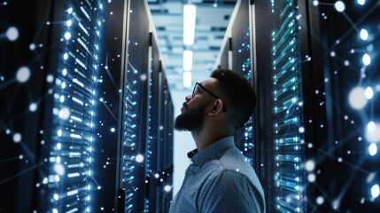 Poster - Capture the essence of a modern Data Engineer at work in an urban data center.
