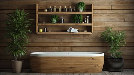 Wall Mural - Contemporary bright bathroom with bathtub, tiled wall, wooden decor, kinfolk style design