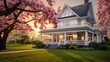 Beautiful home exterior with lush green grass and blooming sakura trees in spring season