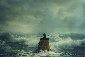 Man in a seat on armchair lost at sea. Generative AI