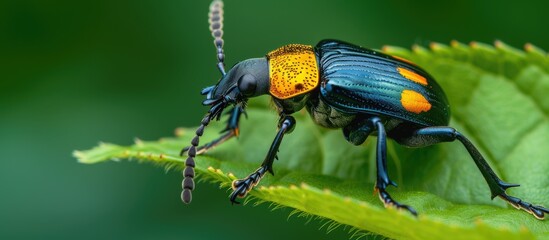 Poster - A detailed close-up view of a bug perched on a leaf, showcasing its intricate features and behavior. The bug appears to be actively exploring its leafy surroundings, possibly feeding or resting.