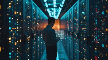 Poster - Craft an image of a data engineer in a data center filled with racks of servers. The engineer is examining a semi structured data document displayed on a holographic screen.