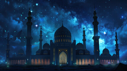 Wall Mural - islamic mosque with starry sky at night. ramadan kareem holiday celebration concept