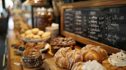 Wall Mural - A chalkboard menu advertising various coffee blends and pastries with handwritten notes from previous customers tucked between the items.