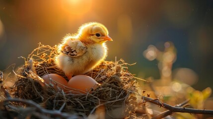 Wall Mural - A newborn chick breaking free from its egg, the struggle and triumph of birth illuminated by gentle light, a close-up that emphasizes the fragility and strength of life, a touching AI Generative